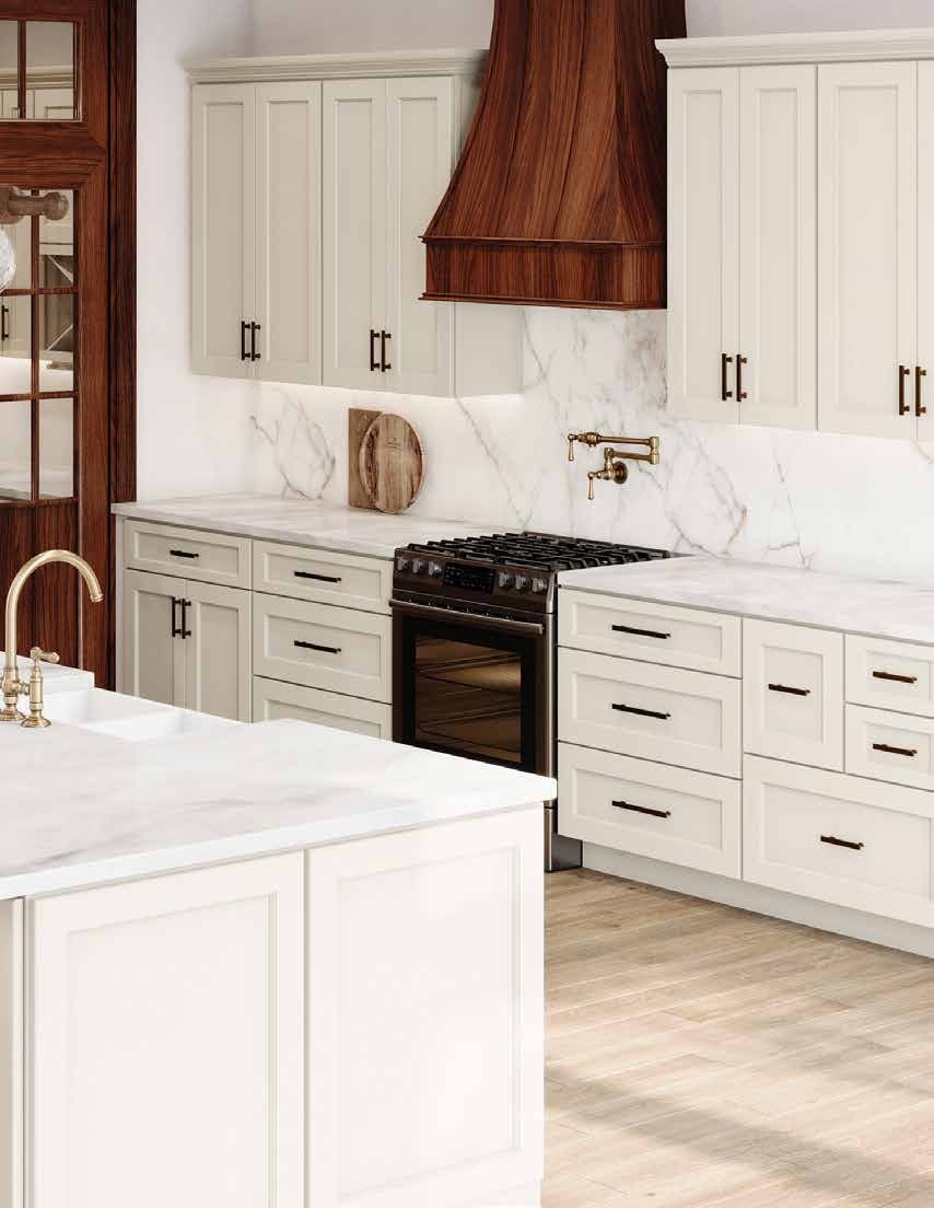 Cream shaker kitchen with a walnut range hood — LHS Cabinetry, Ocala