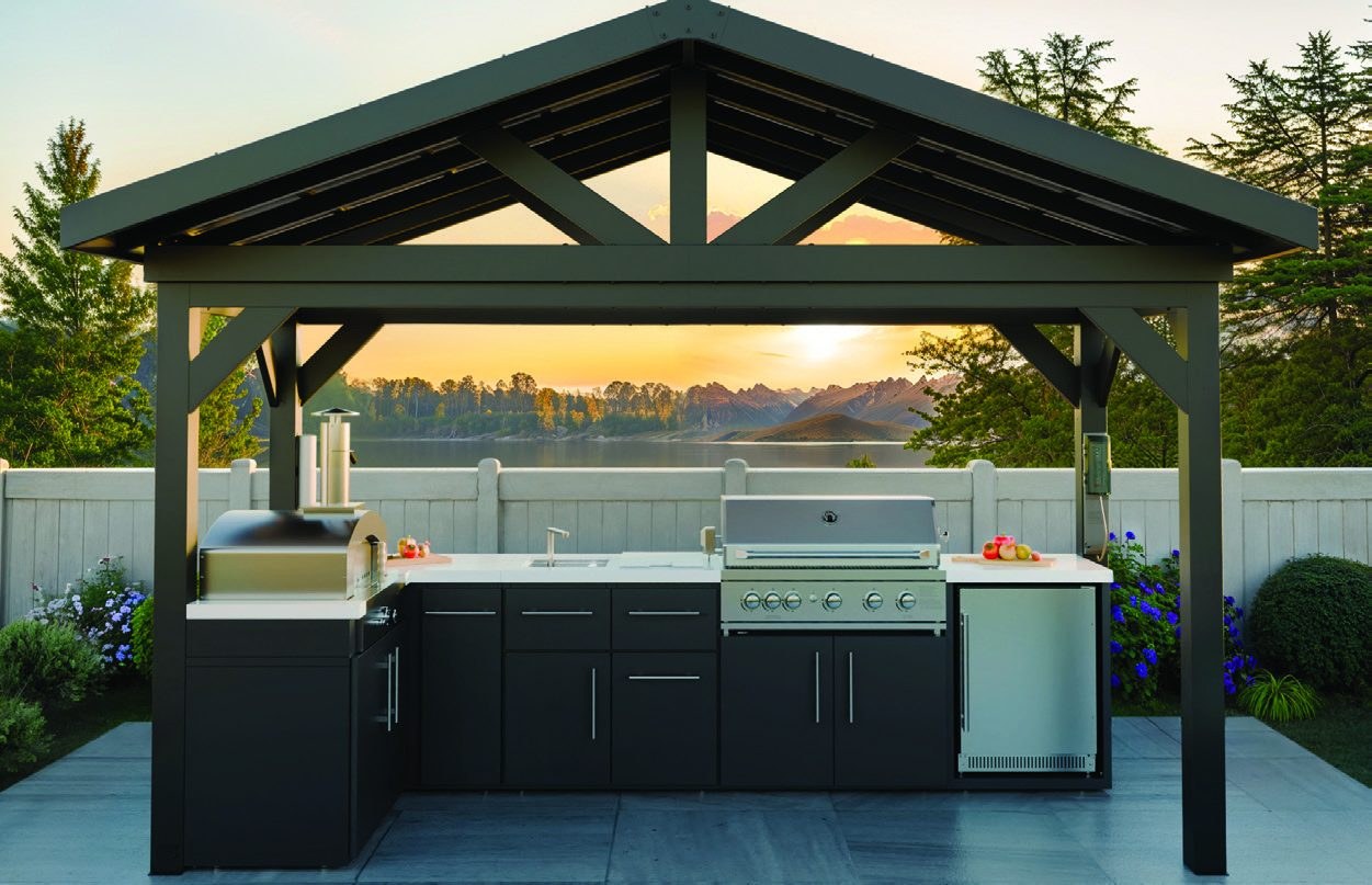 Pavilion outdoor kitchen under a black steel gable roof — LHS Outdoor Living, Ocala
